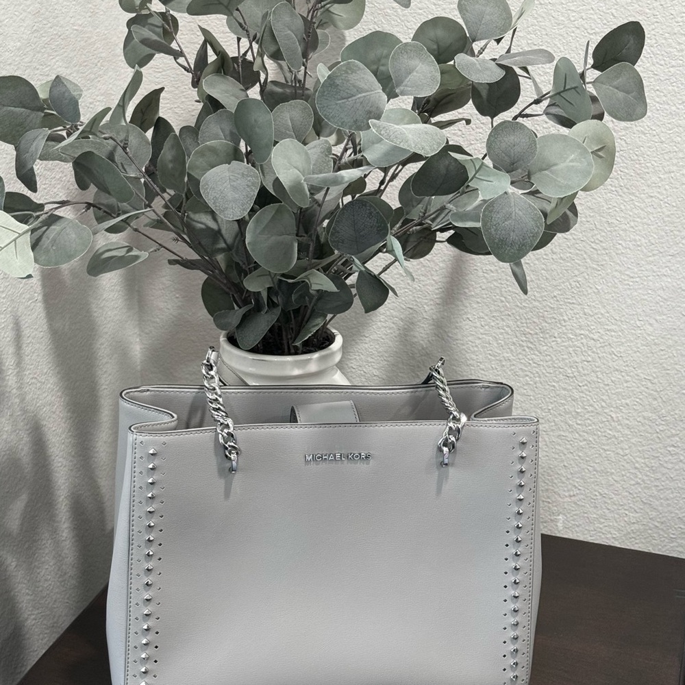Michael Kors Gray Satchel Handbag Purse with Studded Details